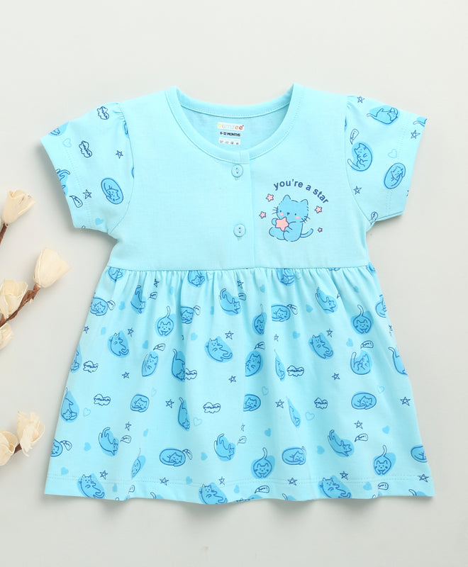 Blue Girls Cap Sleeves Cotton Knee Length Frock