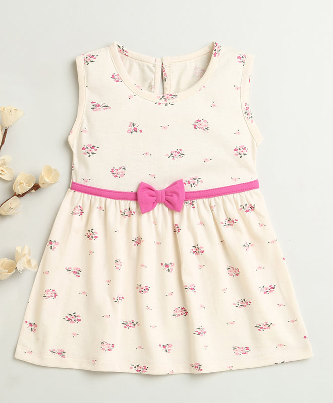 Beige Girls Sleeveless Cotton Knee Length Frock