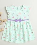 Bumzee Mint Green Floral Print Frock, Cap Sleeves, 100% Cotton, Knee Length