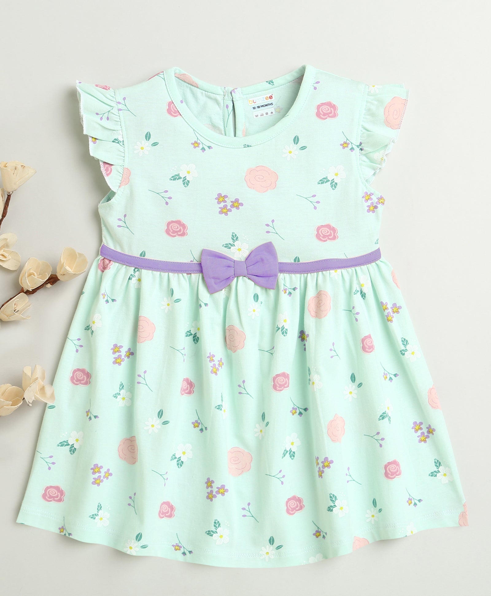 Girls 100% Cotton Floral Frocks - Mint Green