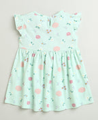 Bumzee Mint Green Floral Print Frock, Cap Sleeves, 100% Cotton, Knee Length