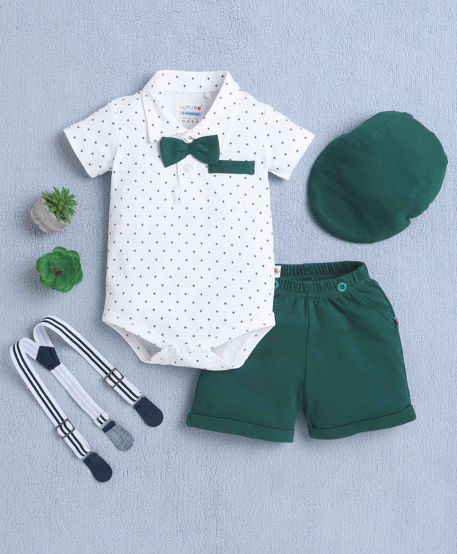 Boys 100% Cotton Star Bodysuit & Short Set - White & Bottle Green