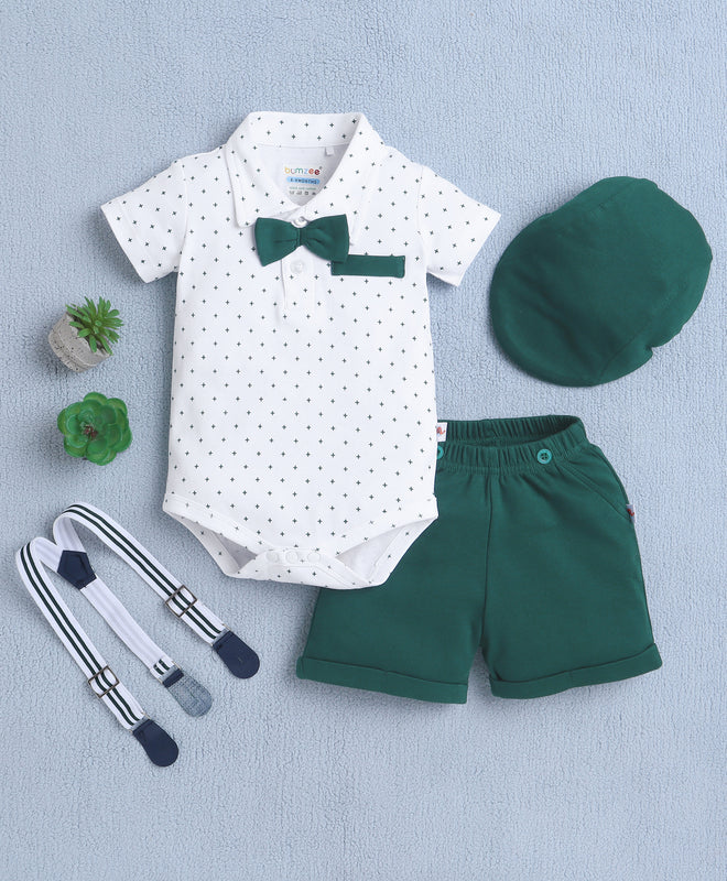 Boys 100% Cotton Star Bodysuit & Short Set - White & Bottle Green
