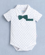 Bumzee White & Bottle Green Graphic Print Bodysuit & Short Set, Half Sleeves
