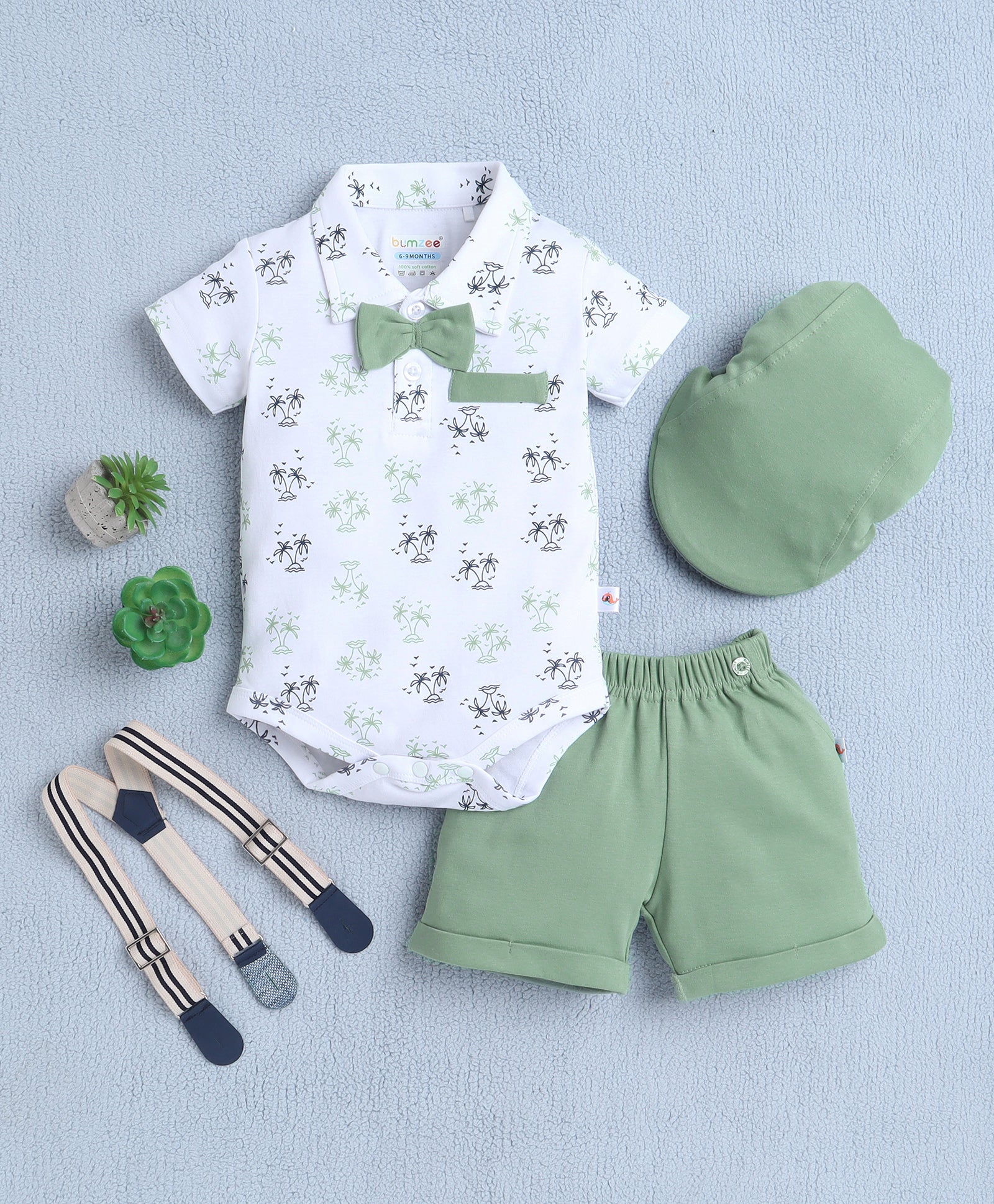 Boys 100% Cotton Palm Tree Bodysuit & Short Set - White & Green