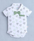 Bumzee White & Green Graphic Print Bodysuit & Short Set, Half Sleeves, 100% Cotton