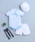 Bumzee Blue & White Checked Bodysuit & Short Set, Half Sleeves, 100% Cotton