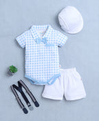 Bumzee Blue & White Checked Bodysuit & Short Set, Half Sleeves, 100% Cotton