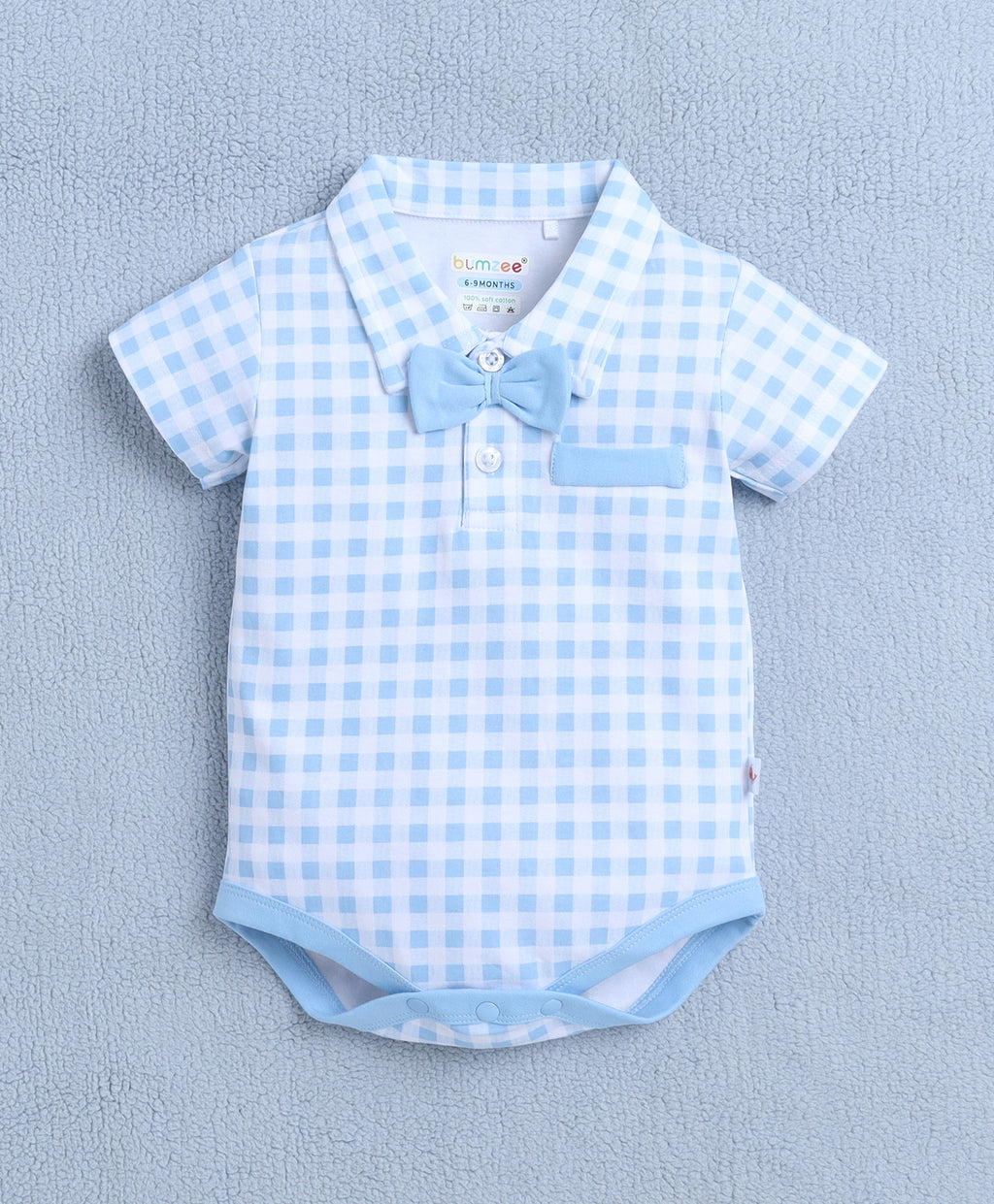 Bumzee Blue & White Checked Bodysuit & Short Set, Half Sleeves, 100% Cotton