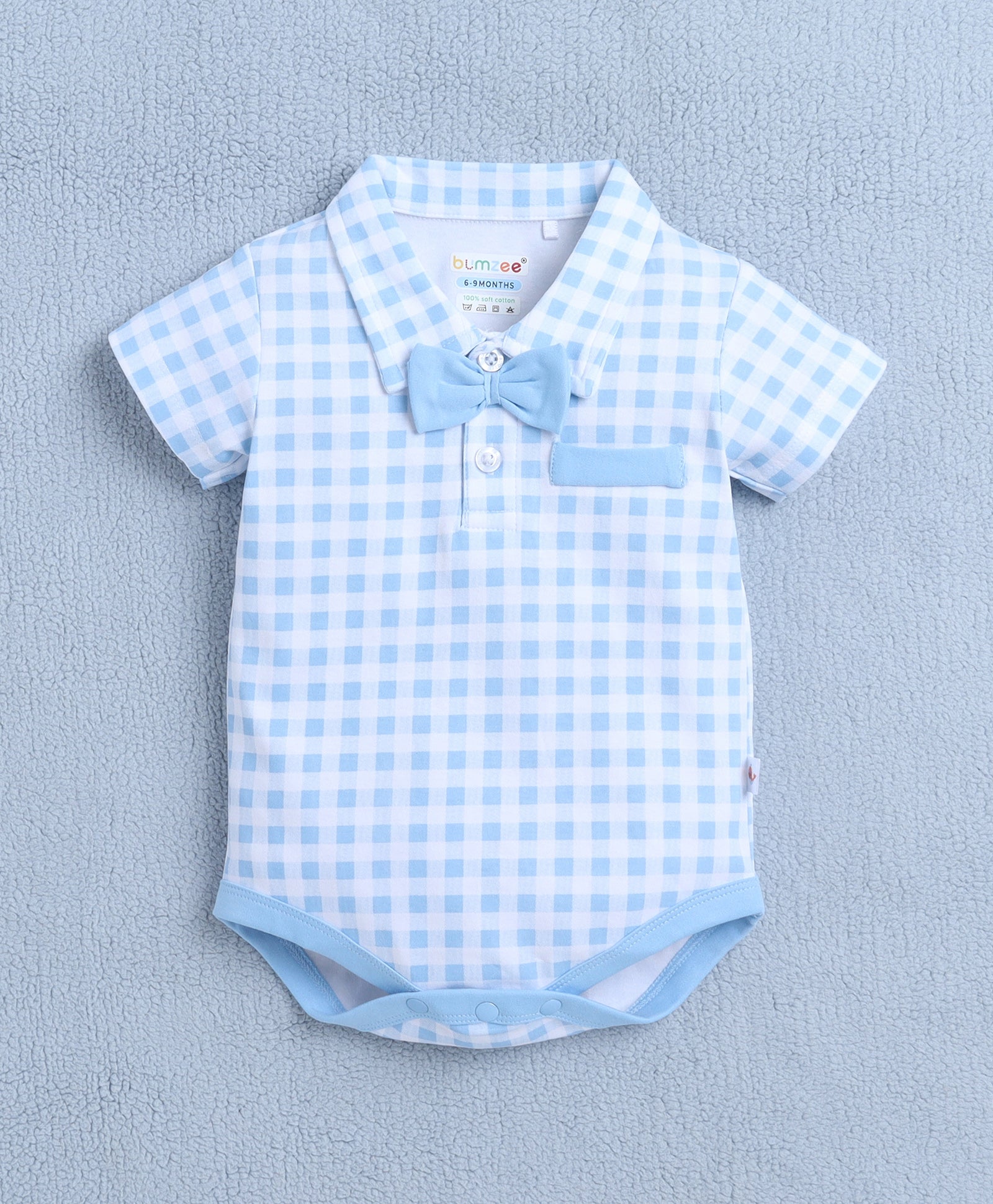 Boys 100% Cotton Checks Bodysuit & Short Set - Blue & White