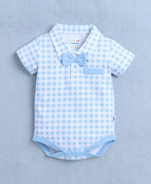 Bumzee Blue & White Checked Bodysuit & Short Set, Half Sleeves, 100% Cotton