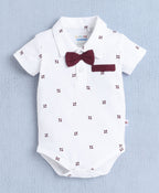 Bumzee White & Maroon Graphic Print Bodysuit & Short Set, Half Sleeves