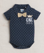 Bumzee Navy & Beige Graphic Print Bodysuit & Short Set, Half Sleeves, 100% Cotton