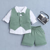 BUMZEE White & Green Boys Full Sleeves Shirt Waistcoat & Short Set With Applique Bow