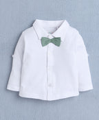 Bumzee White & Green Formal Set, Full Sleeves, 100% Cotton, with Waistcoat (Style Peb10160)