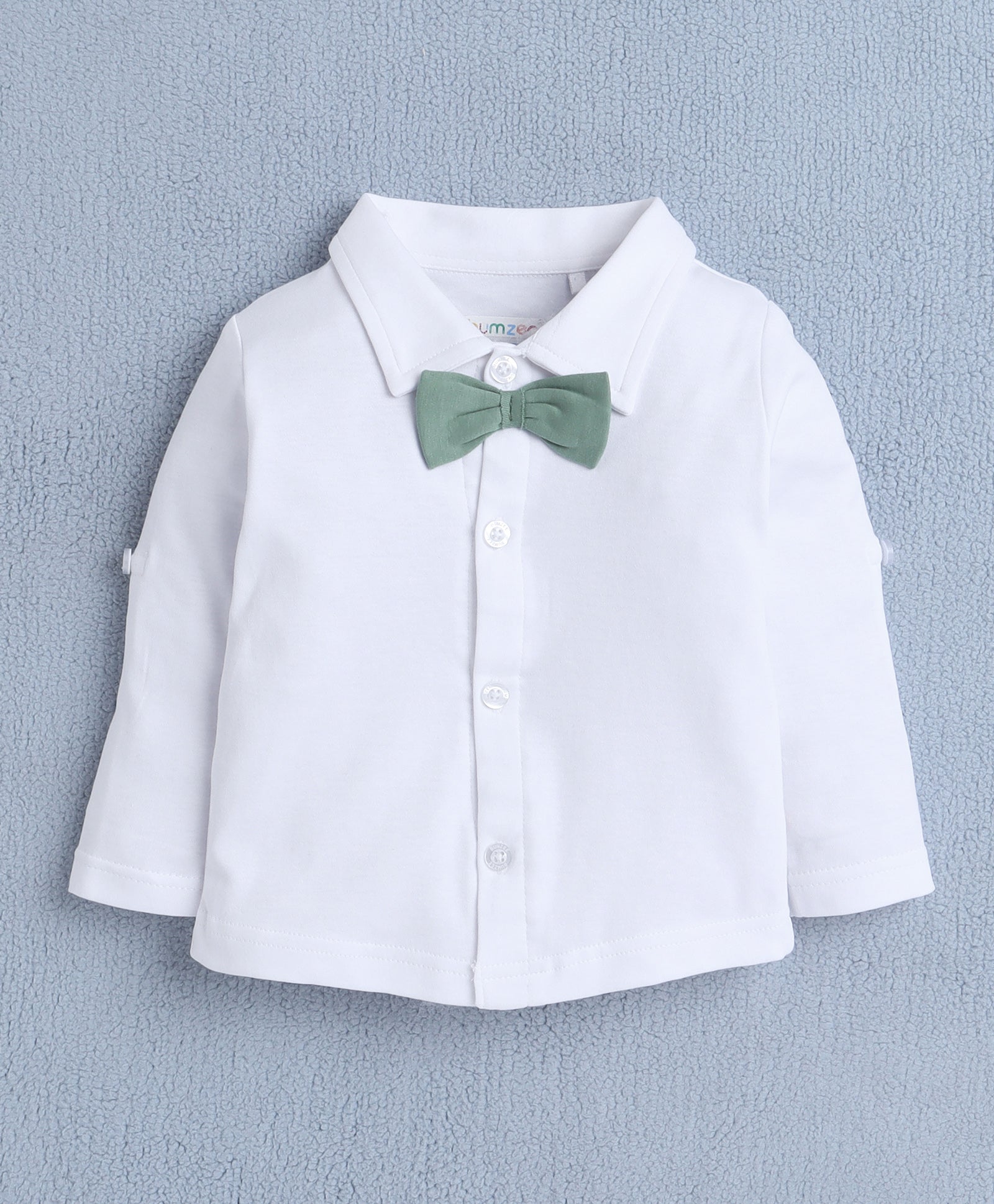 BUMZEE White & Green Boys Full Sleeves Shirt Waistcoat & Short Set With Applique Bow