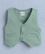 Bumzee White & Green Formal Set, Full Sleeves, 100% Cotton, with Waistcoat (Style Peb10160)
