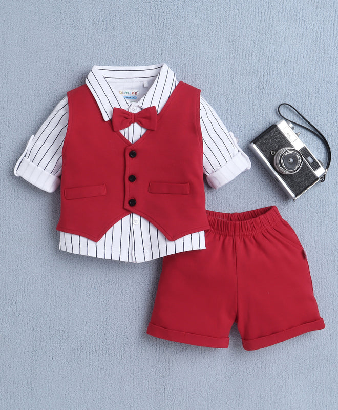 Boys 100% Cotton Stripes Formal Set - White & Red
