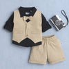BUMZEE Black & Beige Boys Full Sleeves Shirt Waistcoat & Short Set With Applique Bow