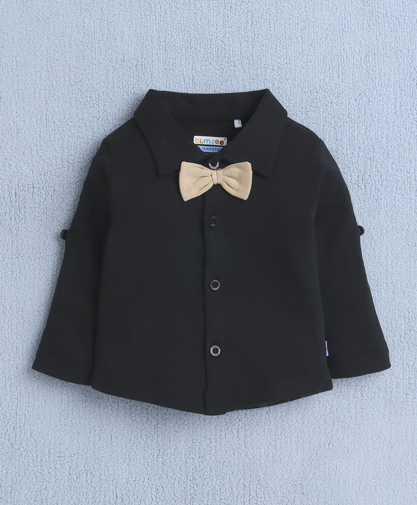BUMZEE Black & Beige Boys Full Sleeves Shirt Waistcoat & Short Set With Applique Bow