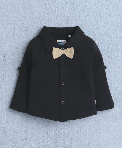 BUMZEE Black & Beige Boys Full Sleeves Shirt Waistcoat & Short Set With Applique Bow