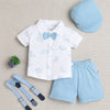 BUMZEE White & Sky Blue Boys Half Sleeves Shirt & Short Set With Bow Suspender & Cap