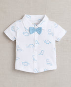 Bumzee White & Sky Blue Animal Print Formal Set, Half Sleeves, 100% Cotton