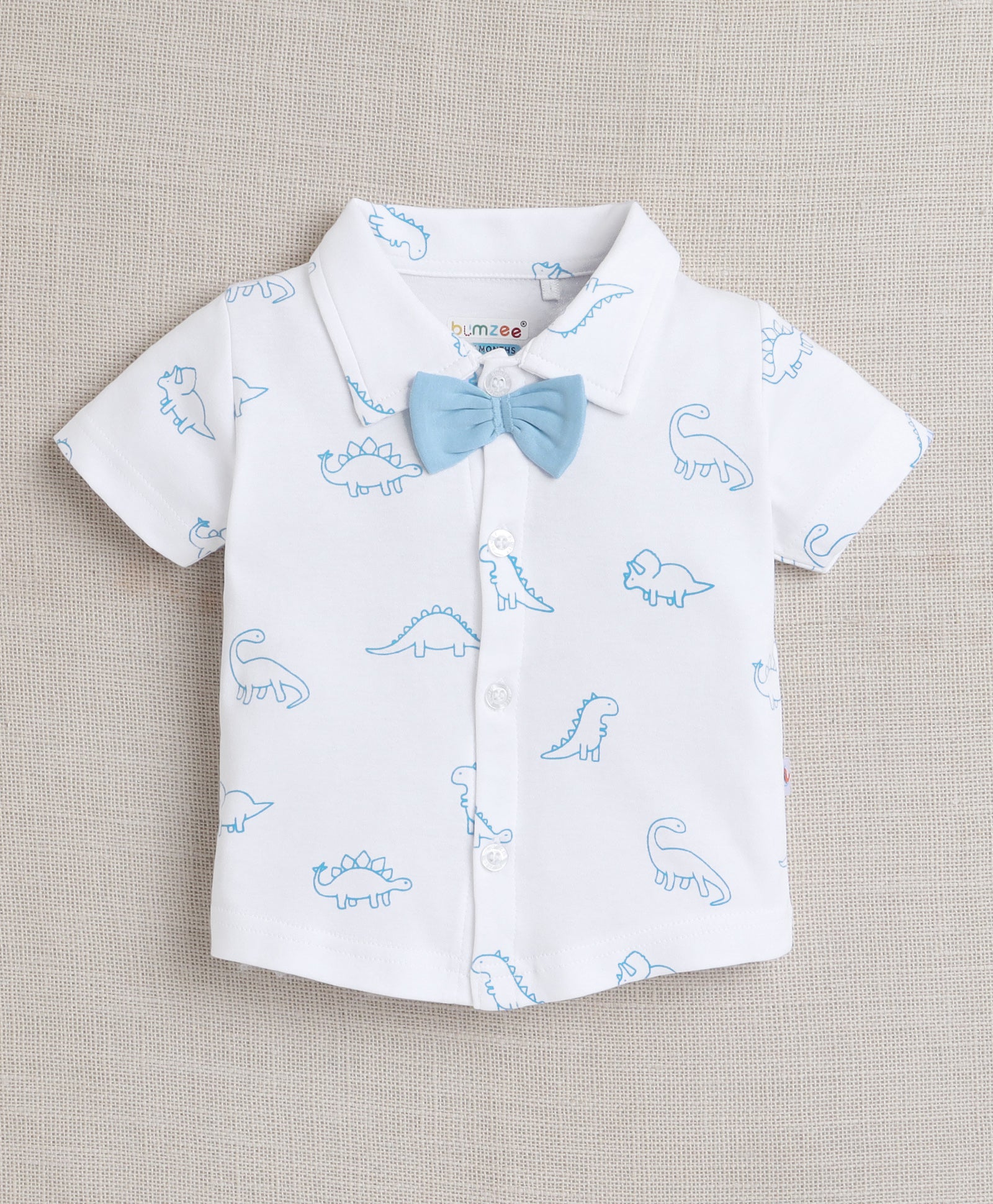 BUMZEE White & Sky Blue Boys Half Sleeves Shirt & Short Set With Bow Suspender & Cap