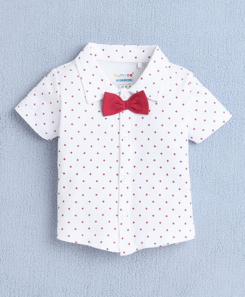 Bumzee White & Red Graphic Print Formal Set, Half Sleeves, 100% Cotton