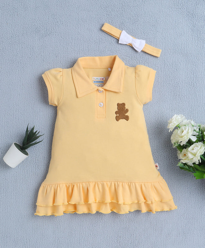 Yellow Girls Cap Sleeves Cotton Frock With Headband