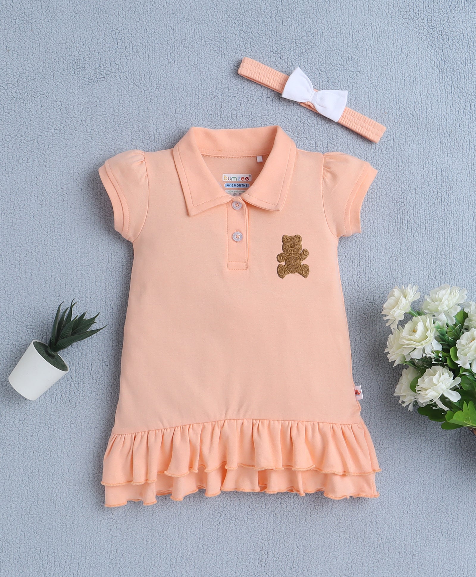 Peach Girls Cap Sleeves Cotton Frock With Headband