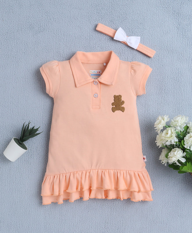 Peach Girls Cap Sleeves Cotton Frock With Headband