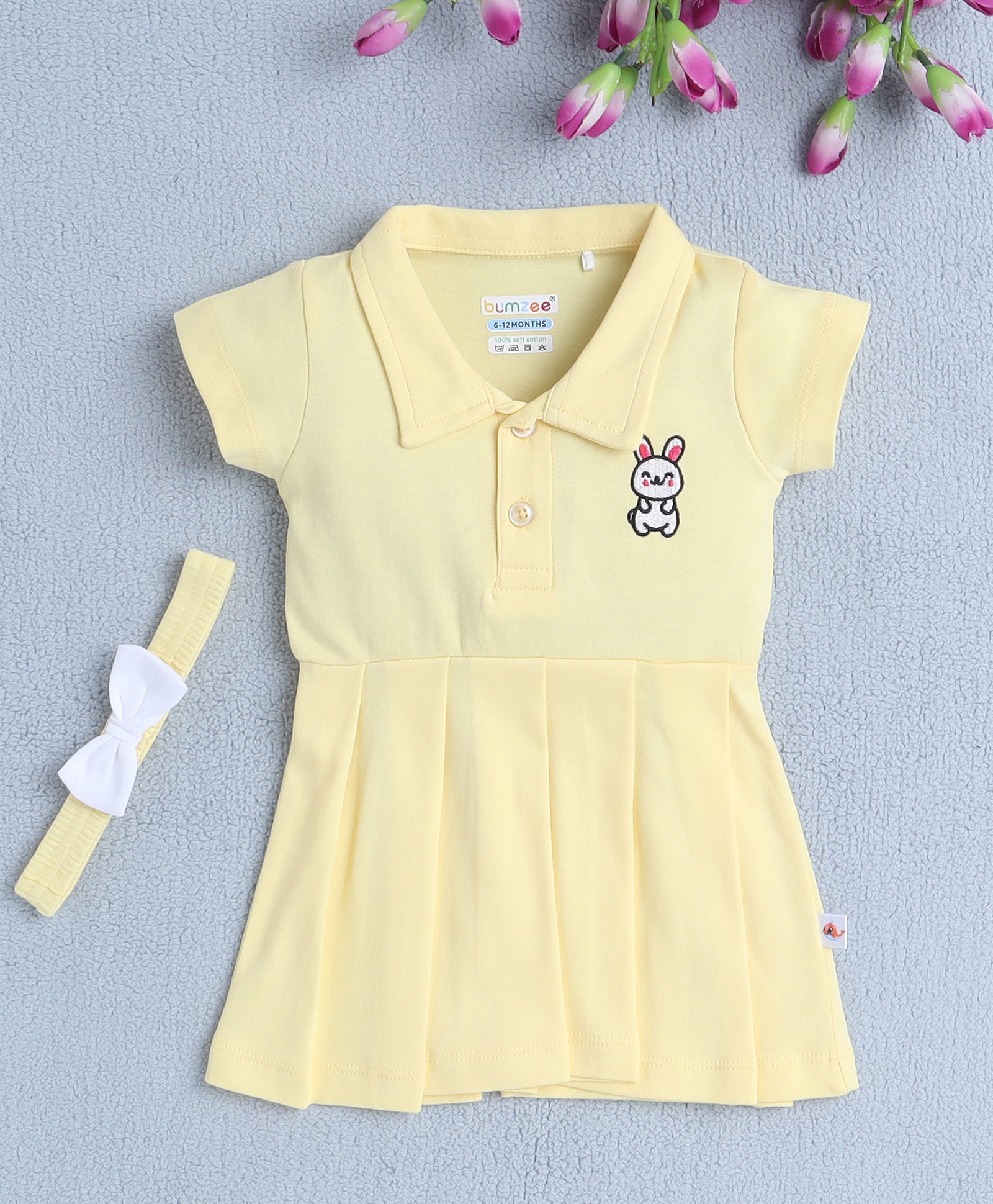 Yellow Girls Half Sleeves Cotton Frock With Headband