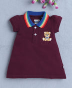 Bumzee Wine Embroidered Frock, Cap Sleeves, 100% Cotton