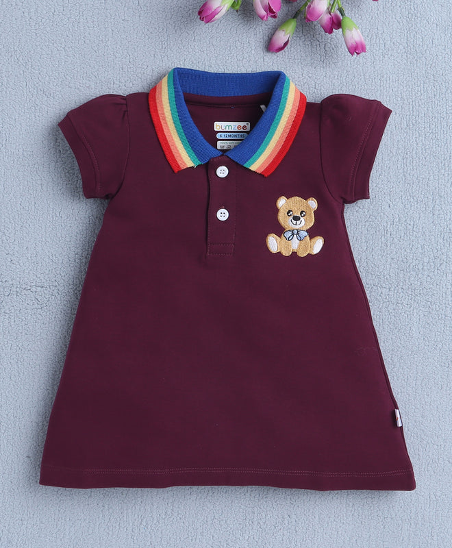 Wine Girls Cap Sleeves Cotton Frock