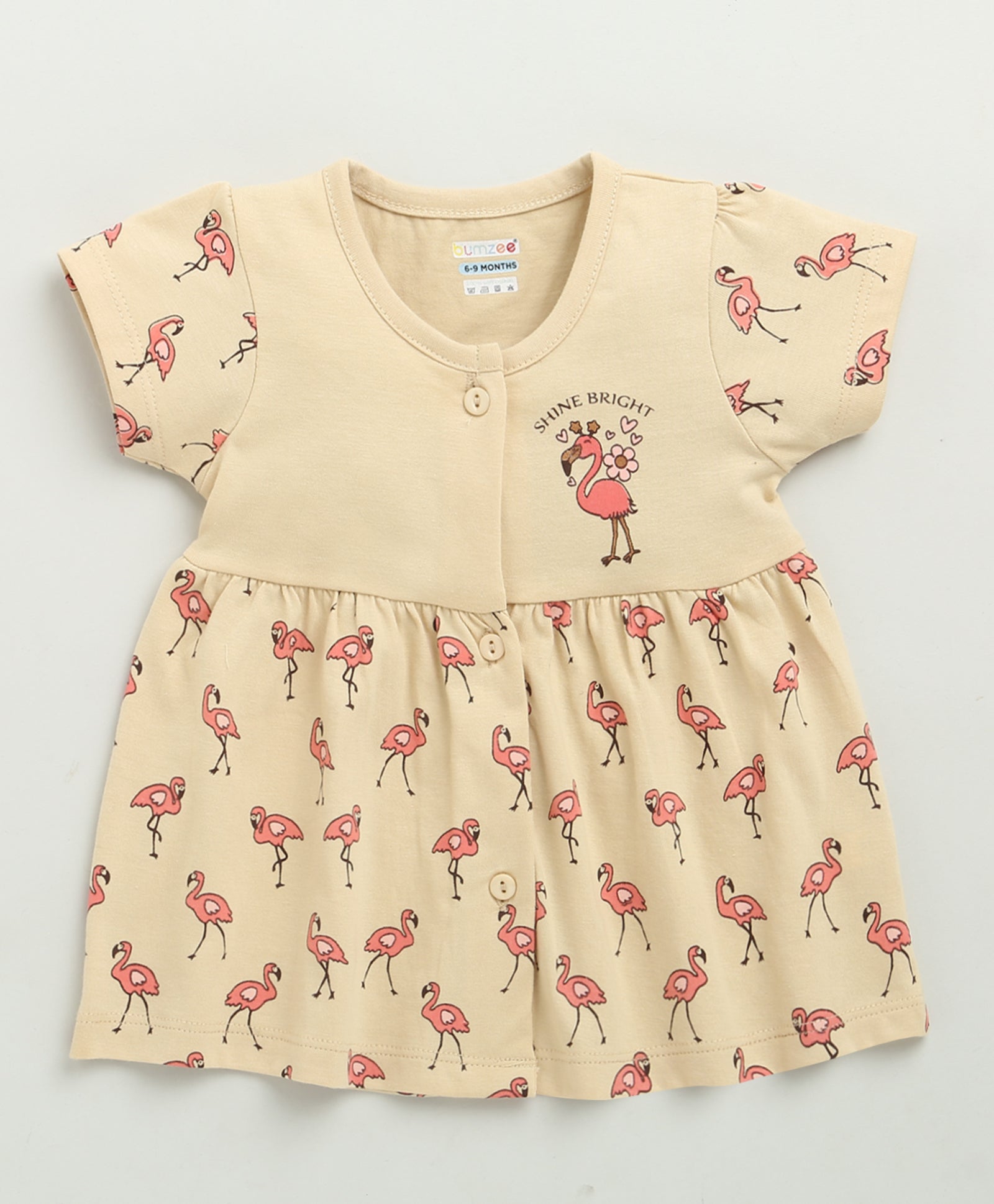 Beige Girls Cap Sleeves Cotton Knee Length Frock