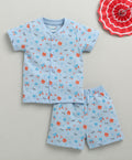 Bumzee Sky Blue Animal Print Jabla & Short Set, Half Sleeves, 100% Cotton (Style Peb10195)