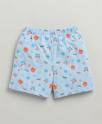 Bumzee Sky Blue Animal Print Jabla & Short Set, Half Sleeves, 100% Cotton (Style Peb10195)