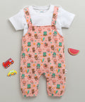 Bumzee Peach & White Animal Print Dungaree Set, Half Sleeves, 100% Cotton