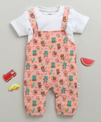 Bumzee Peach & White Animal Print Dungaree Set, Half Sleeves, 100% Cotton