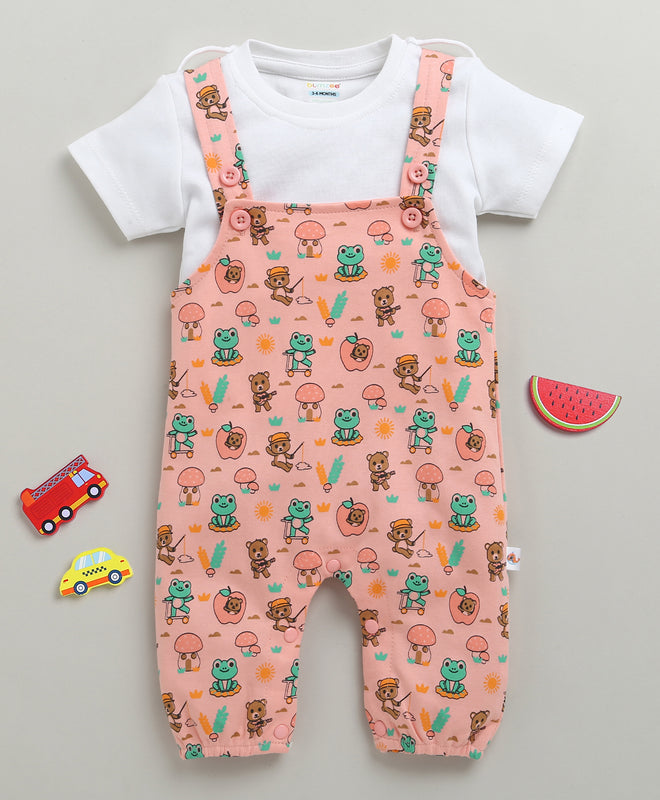 Boys 100% Cotton Animal Dungaree Set - Peach & White