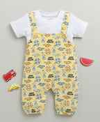 Bumzee Yellow & White Animal Print Dungaree Set, Half Sleeves, 100% Cotton