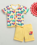 Bumzee White & Yellow Graphic Print Jabla & Short Set, Half Sleeves, 100% Cotton