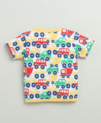 Bumzee White & Yellow Graphic Print Jabla & Short Set, Half Sleeves, 100% Cotton
