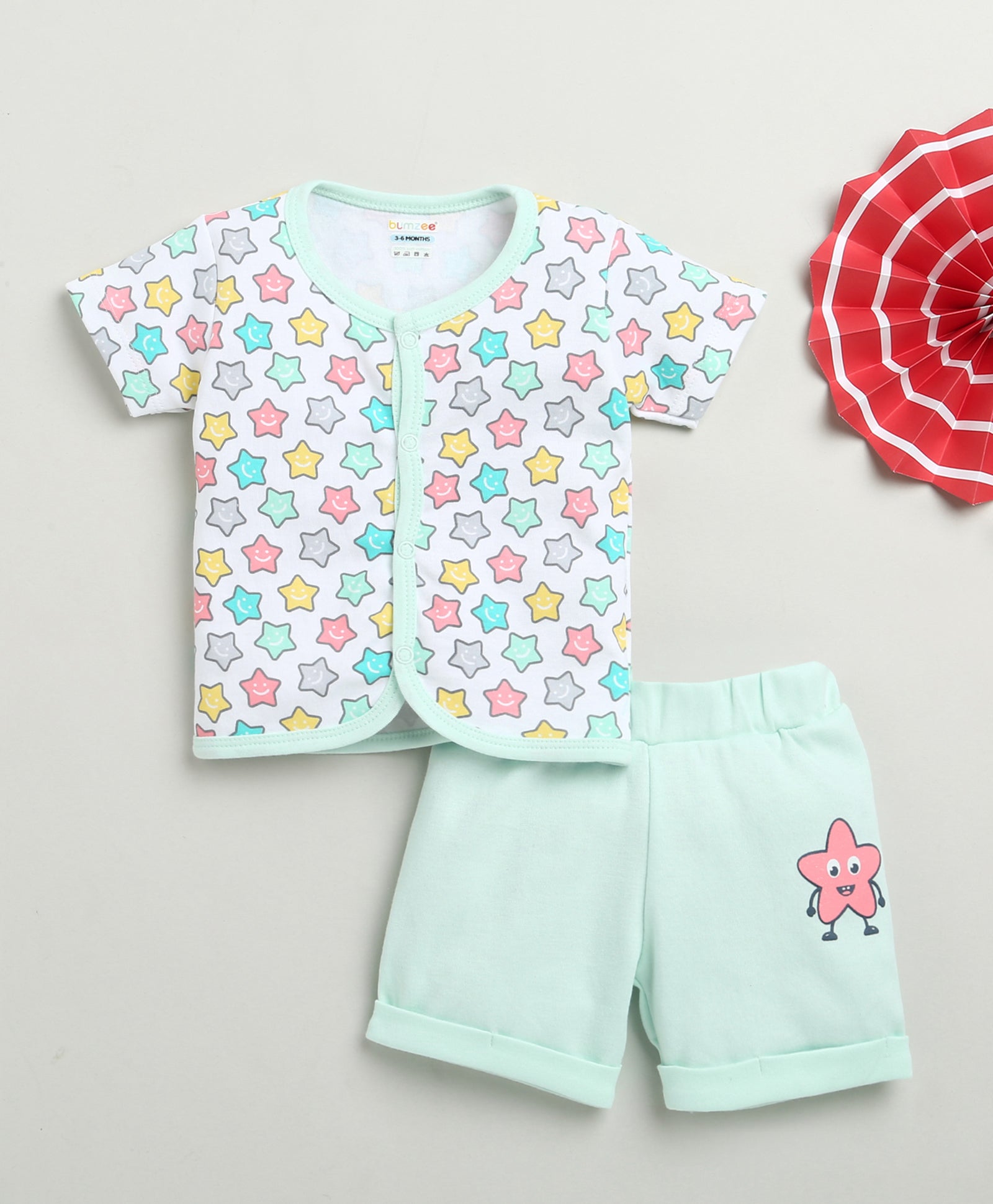 BUMZEE White & Mint Green Baby Boys Half Sleeves Jabla & Short Set