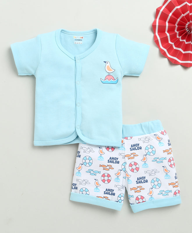 BUMZEE Sky Blue & White Baby Boys Half Sleeves Jabla & Short Set