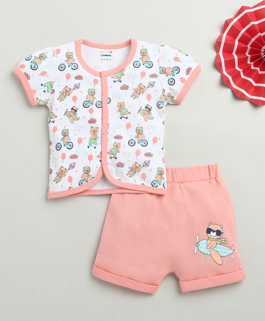 Bumzee White & Peach Animal Print Jabla & Short Set, Half Sleeves, 100% Cotton