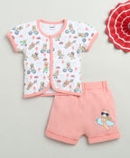 Bumzee White & Peach Animal Print Jabla & Short Set, Half Sleeves, 100% Cotton