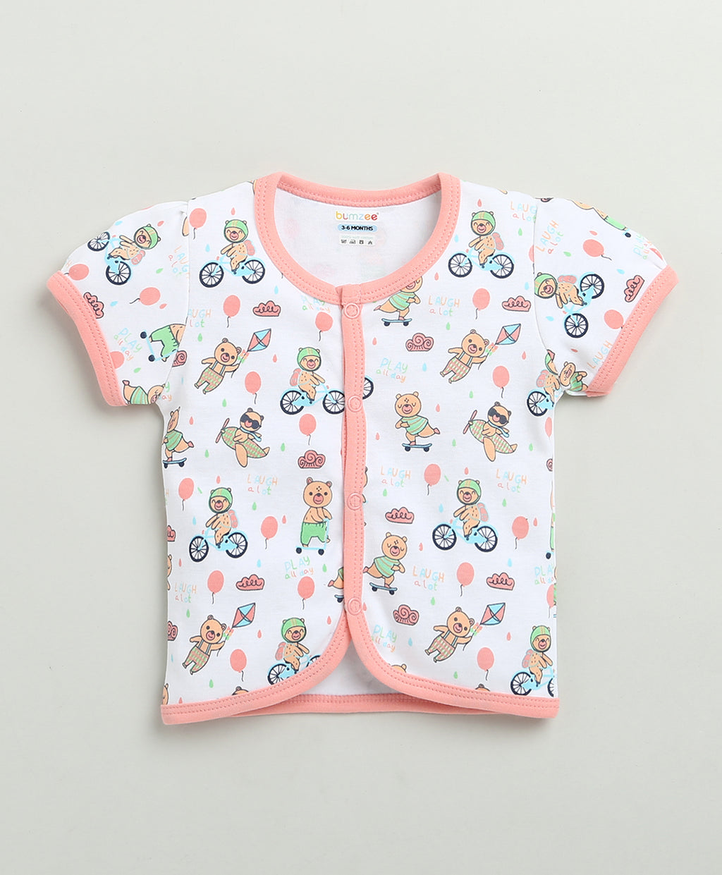 Bumzee White & Peach Animal Print Jabla & Short Set, Half Sleeves, 100% Cotton