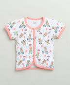 Bumzee White & Peach Animal Print Jabla & Short Set, Half Sleeves, 100% Cotton